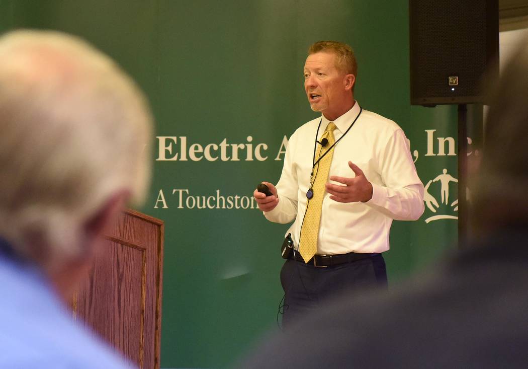 Valley Electric Association CEO Tom Husted explains the time frame of when Beatty will get its high-speed internet at the District 3 Annual Meeting at the Beatty Community Center on March 8. Richa ...