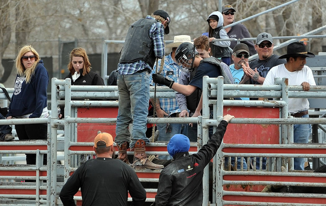 Alex Justin getting prepped for his bull ride sitting in the chute. Bull riding practice for the Pahrump Valley High School rodeo team has returned.Horace Langford Jr. / Pahrump Valley Times