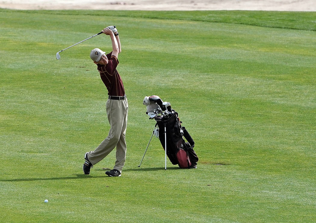 The Trojans top golfer, Austen Ancell, seen on the fairway of hole number one at the Pahrump Valley Invitational on Friday. Horace Langford Jr. / Pahrump Valley Times