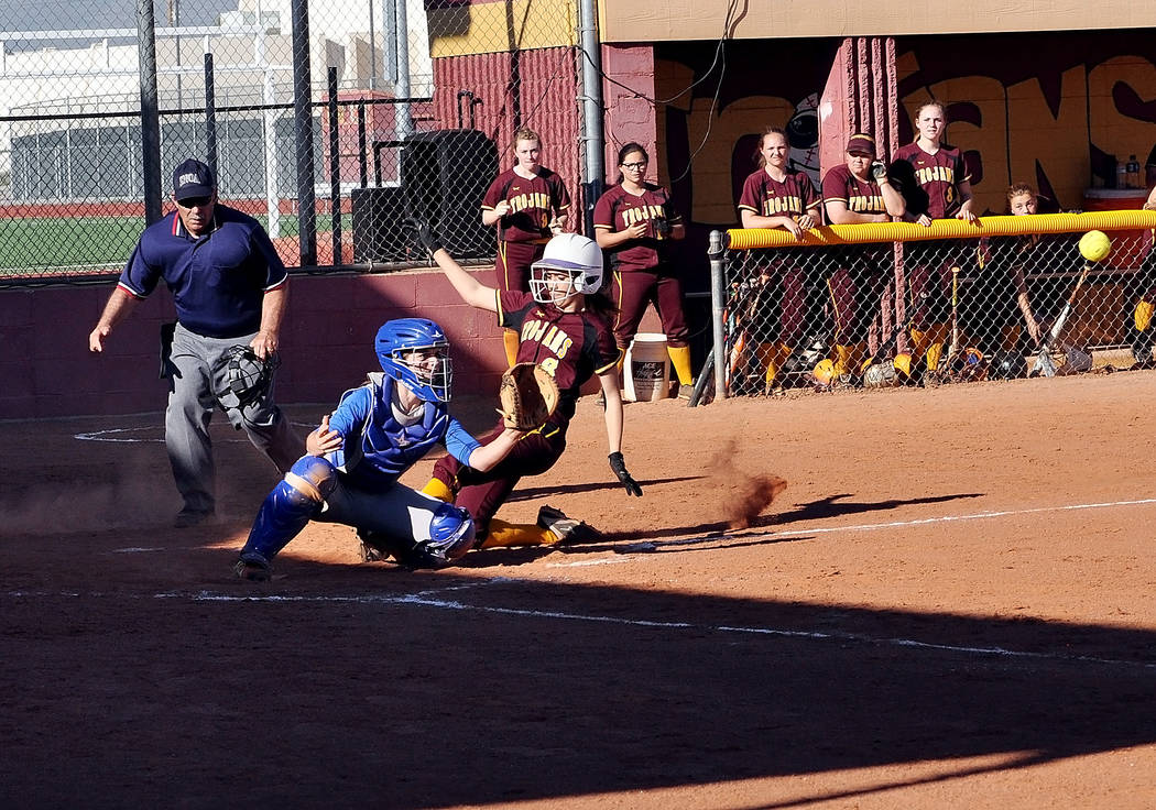 Amaya Mendoza beats the ball home at the plate against Moapa Valley. Horace Langford Jr. / Pahrump Valley Times