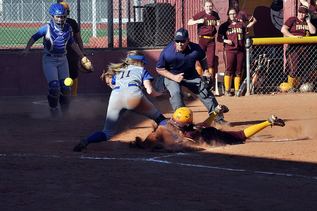 Samantha Riding slides head first into home plate at the Moapa Valley game on Tuesday. Horace Langford Jr. / Pahrump Valley Times