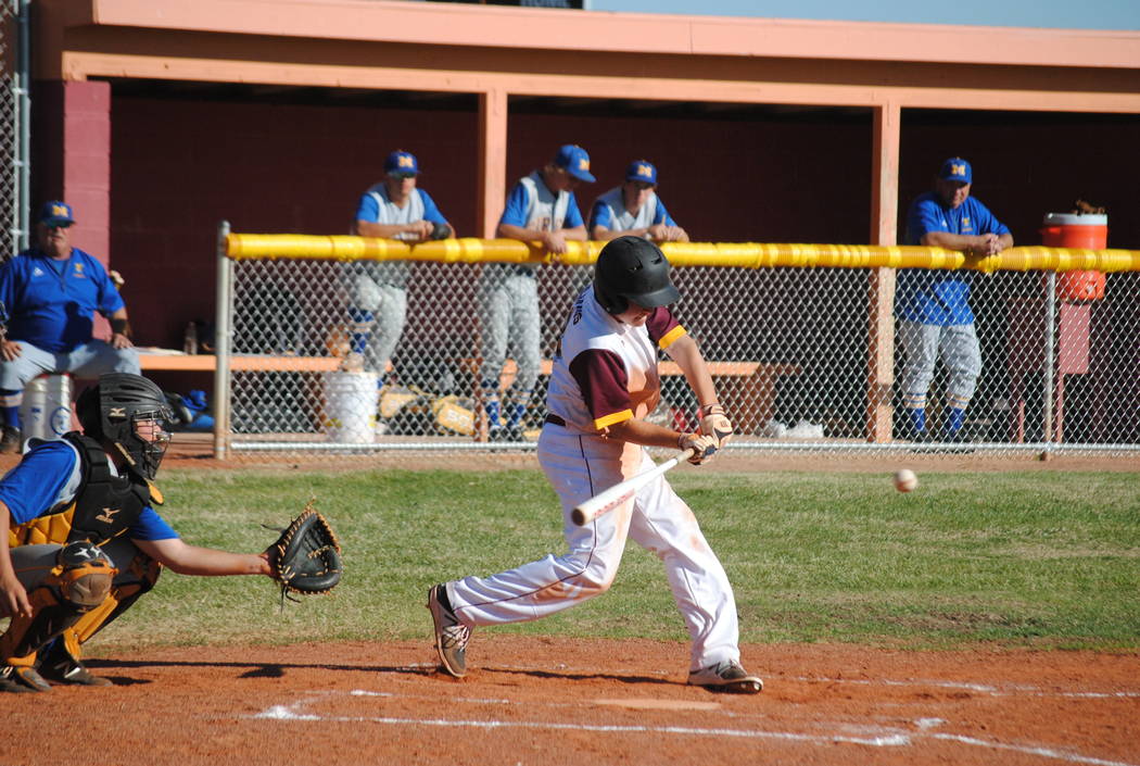 Charlotte Uyeno / Pahrump Valley Times

Cyle Havel bats against Moapa Valley. The Trojans three-game winning streak comes to an end against Boulder City as the Eagles outhit the Trojans 14-6.