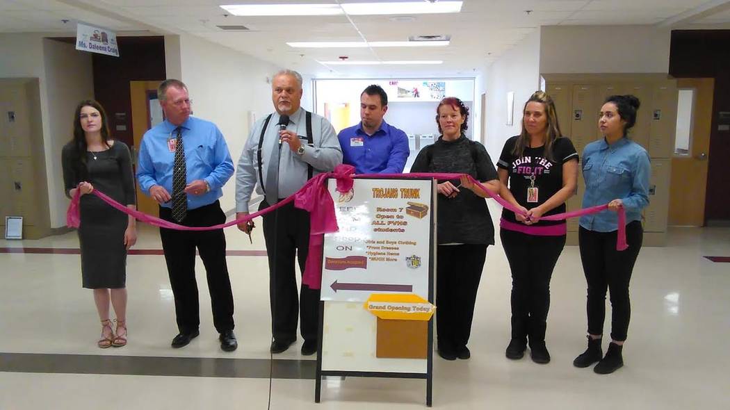 Selwyn Harris /Pahrump Valley Times

PVHS faculty and staff browse the Trojans Trunk after a special ribbon-cutting ceremony. Administrators credit Smith’s and Valley Electric Association for th ...
