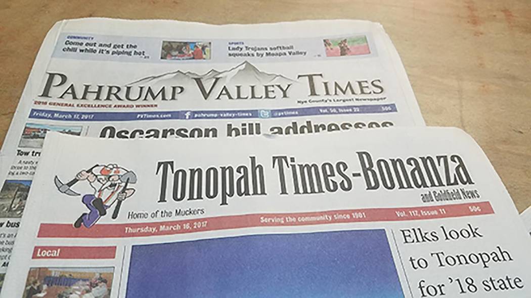 David Jacobs/Pahrump Valley Times
A look at the Pahrump Valley Times and Tonopah Times-Bonanza as shown in a photo. David Jacobs is the new editor of the newspapers.