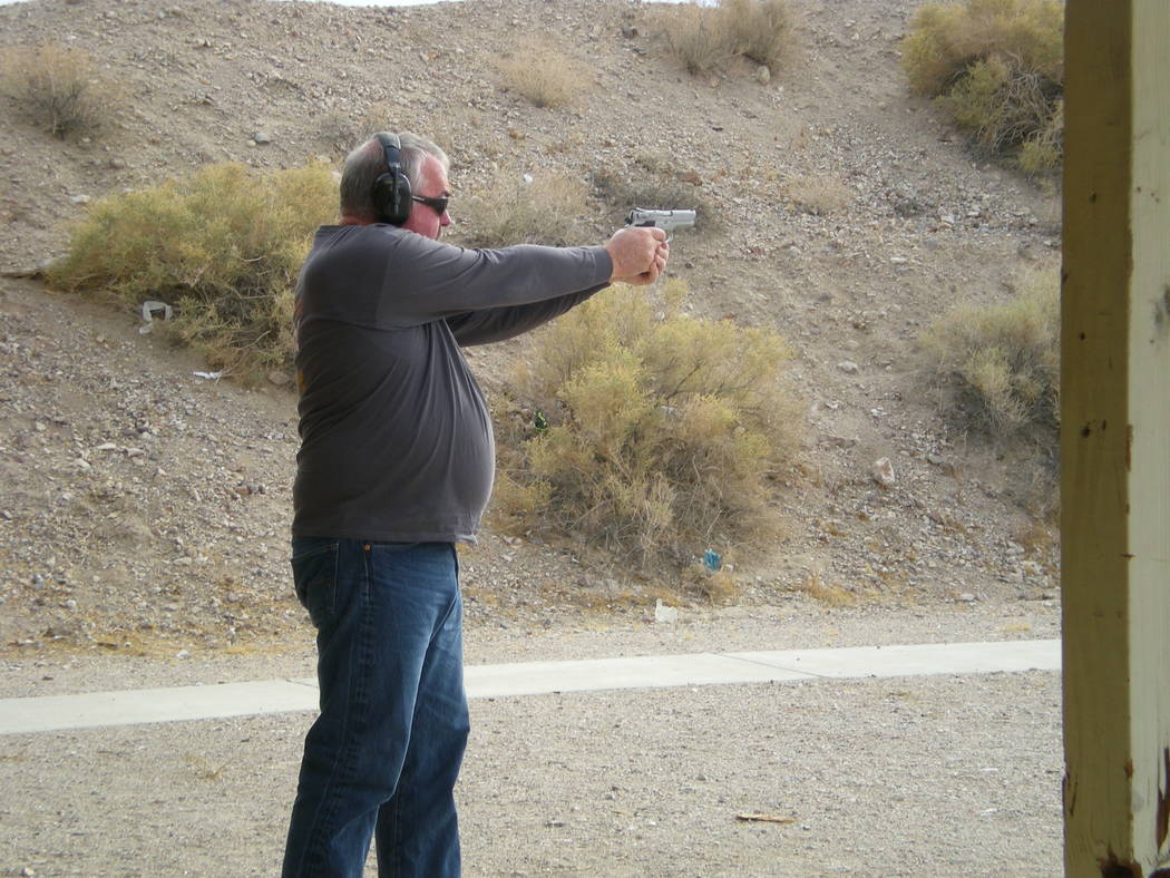 Vern Hee / Pahrump Valley Times
An unknown pistol shooter takes aim and shoots at the old range of 50 yards. This spring the range changes to 25 yards. A little bit closer.