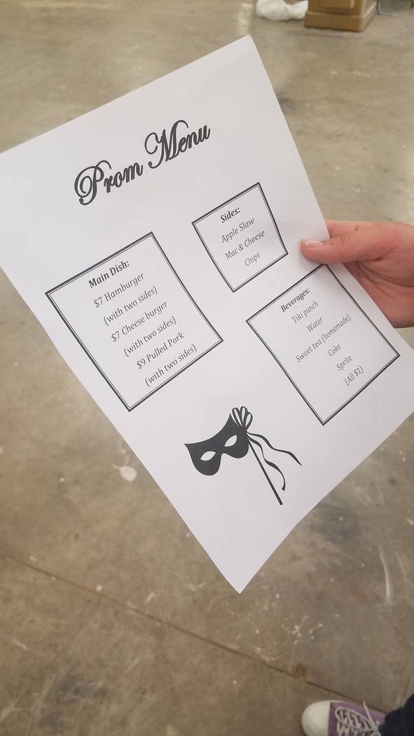 A look at the menu for the prom at Tonopah High School. Students at the school have been transforming the old wood-shop building into a prom venue. David Jacobs/Pahrump Valley Times