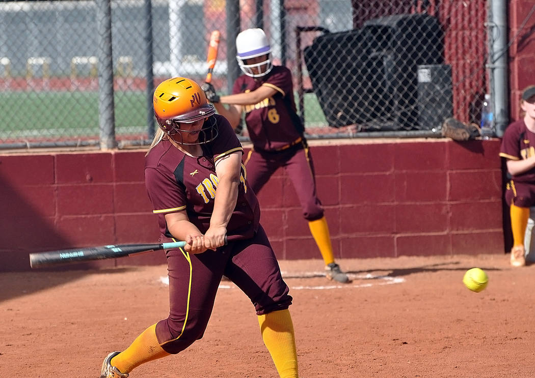 Horace Langford Jr. / Pahrump Valley Times  
Senior Jordan Egan takes this ball to left field for a double. She hit two doubles against Cheyenne on Wednesday.