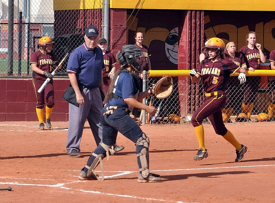 Horace Langford Jr. / Pahrump Valley Times Freshman Skyler Lauver scores another run. The Trojans compiled 15 runs in four innings. The game was called when their 15th run scored due to the 15-run ...