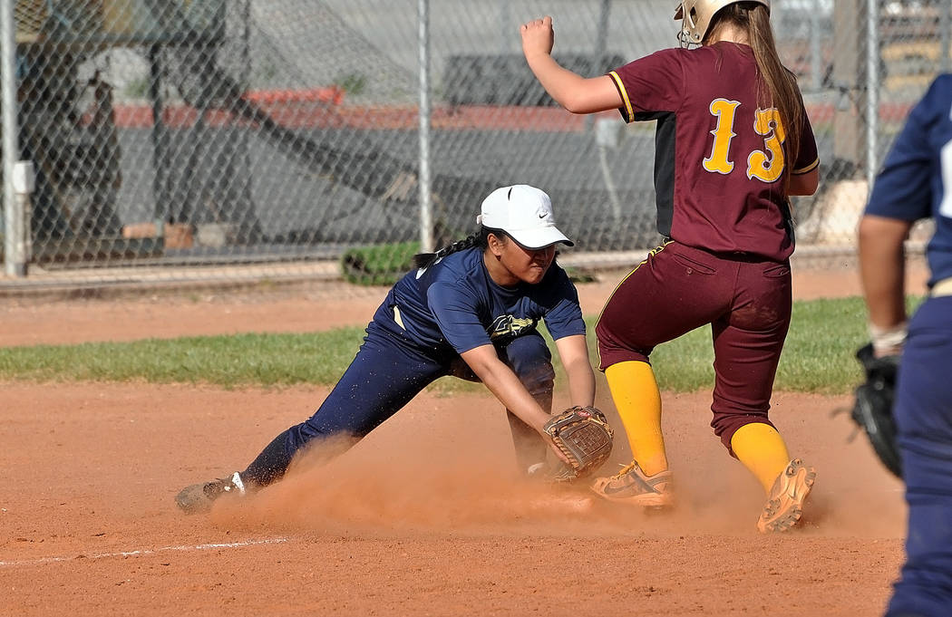 Horace Langford Jr. / Pahrump Valley Times 
The Lady Trojans like to put pressure on their opponents by stealing whenever they can. Jackie Stobbe successfully steals third.