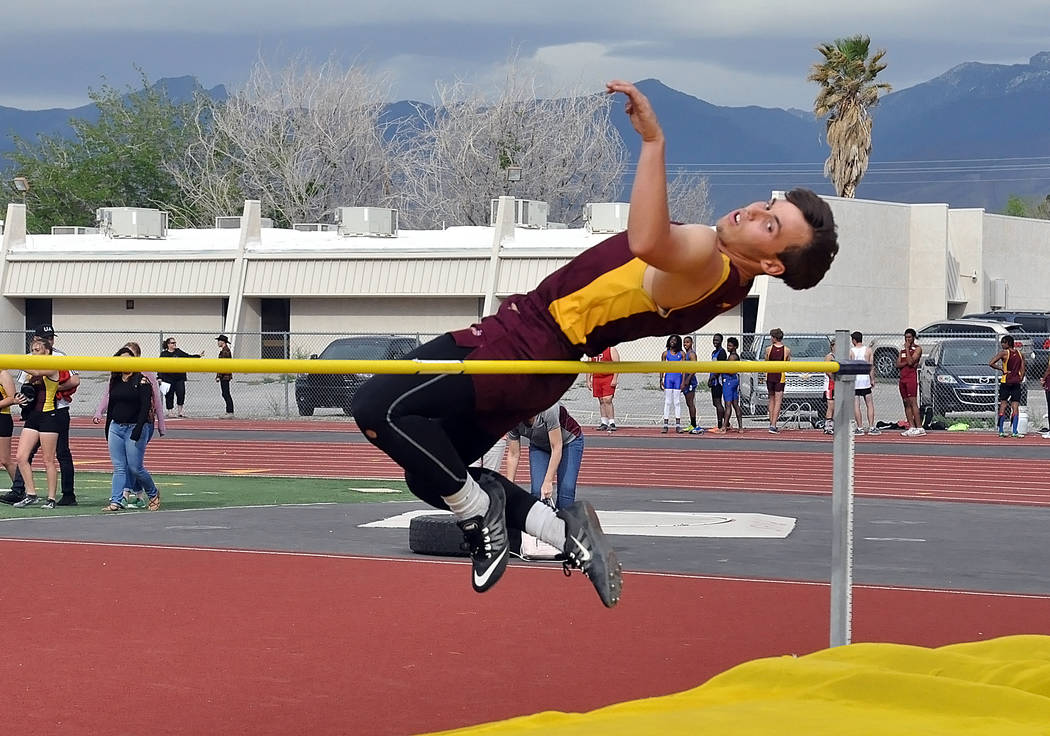 Horace Langford Jr. / Pahrump Valley Times

Danny Washum clears the bar in the high jump for the Trojans in last week’s meet on April 6.