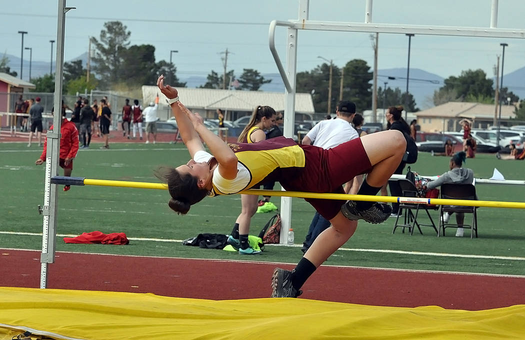 Horace Langford Jr. / Pahrump Valley Times

Abbie Schott goes over the bar at the last home meet of the year for the Lady Trojans. Schott took fifth with a four-foot jump.