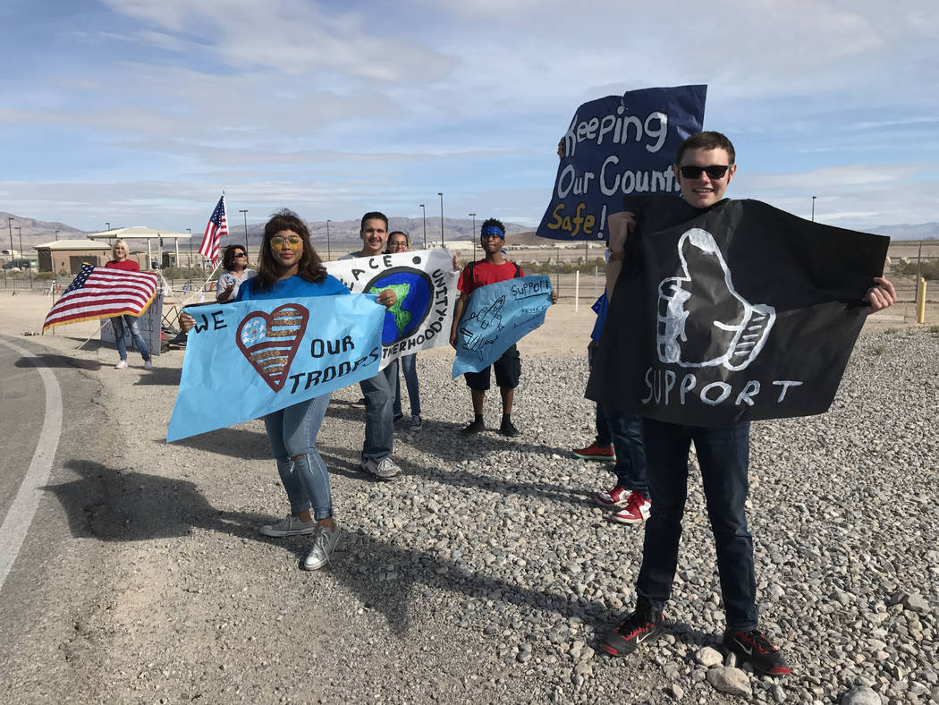 Keith Rogers/Las Vegas Review-Journal
Students from Word of Life Christian Academy show their support for troops, Wednesday, April 26, 2017, at Creech Air Force Base, northwest of Las Vegas.