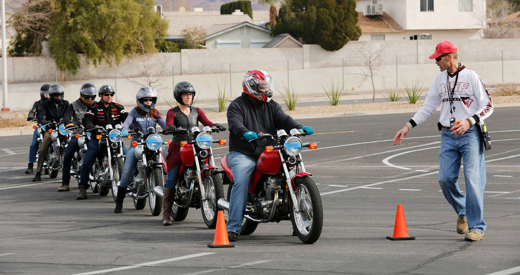 Instructor Patrick Soles, right, directs participants during a College of Southern Nevada Motorcycle Safety course at the CSN campus in Henderson, Sunday, Feb. 5, 2017. (Chitose Suzuki/Las Vegas R ...