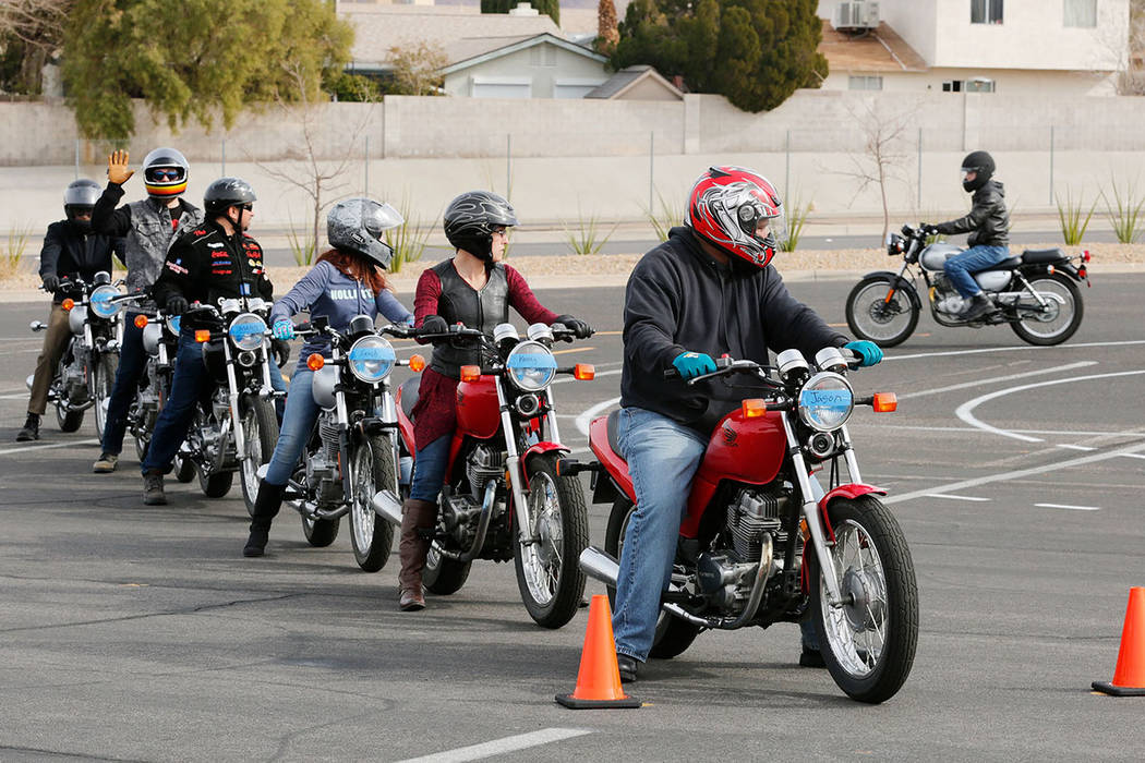 Motorcyclists participate in a College of Southern Nevada Motorcycle Safety course at the CSN campus in Henderson, Sunday, Feb. 5, 2017. (Chitose Suzuki/Las Vegas Review-Journal) @chitosephoto