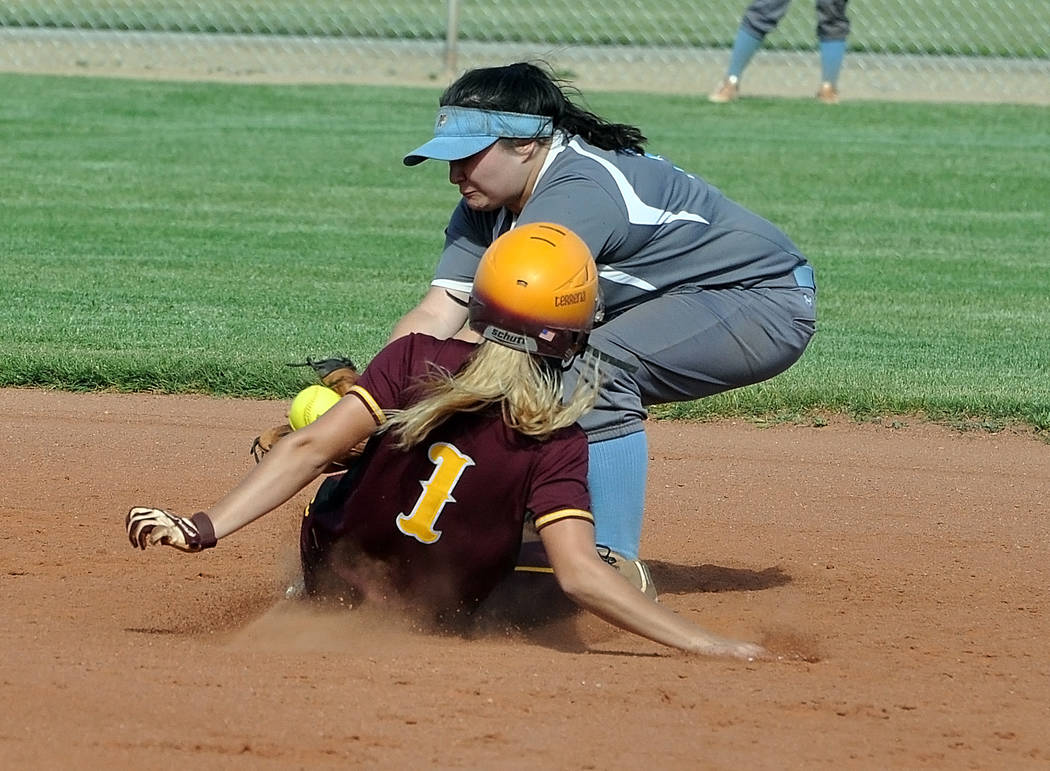 Horace Langford Jr./Pahrump Valley Times
Terrena Martin is seen sliding into second base against Western. The Trojans scored 22 runs against the Warriors and the game ended in the fifth inning due ...