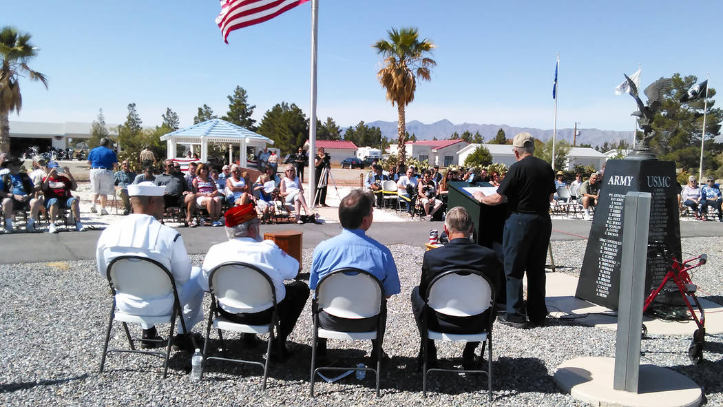 Selwyn Harris/Pahrump Valley Times 
Marine Corps Maj. Roger Chaput delivers remarks to residents and fellow veterans during Monday’s Memorial Day ceremony at G.G. Sweet Memorial Park. Chaput sai ...