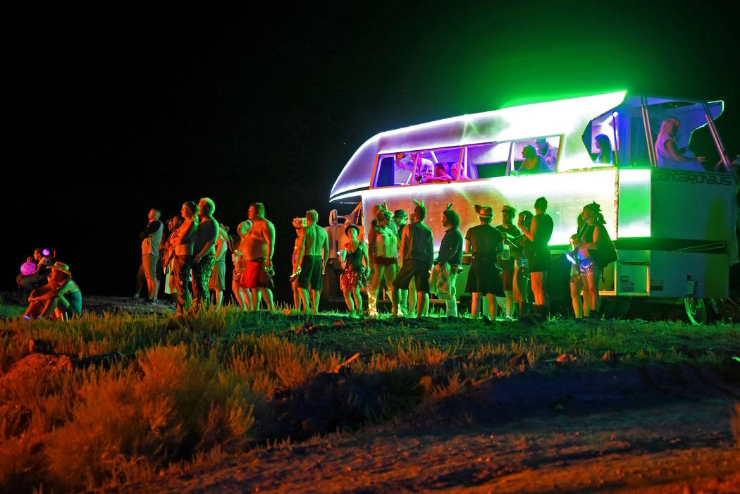 Richard Stephens/Special to the Pahrump Valley Times
People dancing in and around the Dancetronoauts vehicle during the burn at at the Southern Nevada Regional Gathering.