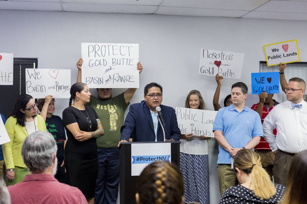 Moapa Band of Paiutes Tribal Chairman Darren Daboda speaks alongside a group of national monument supporters during a press conference calling to action the Trump administration and Interior Secre ...