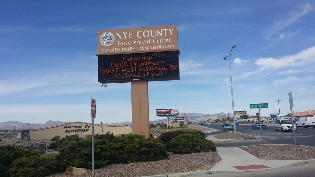 David Jacobs/Pahrump Valley Times
A sign for the Nye County Government Center in Pahrump as shown in a 2016 photo. Tim Sutton, Nye County deputy district attorney, is to replace Pam Webster as a c ...