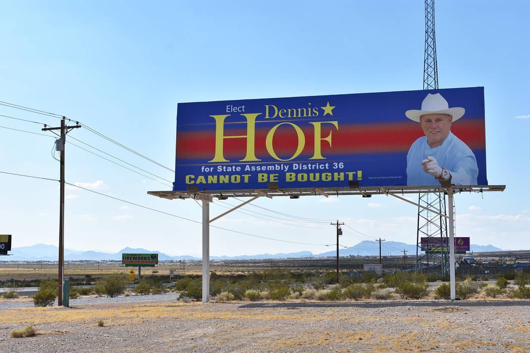 Photo by Daria Sokolova/Pahrump Valley Times 
Brothel owner Dennis Hof's billboard sits along Highway 160 in Pahrump. Hof said he is going to challenge incumbent James Oscarson in the 2018 primary ...