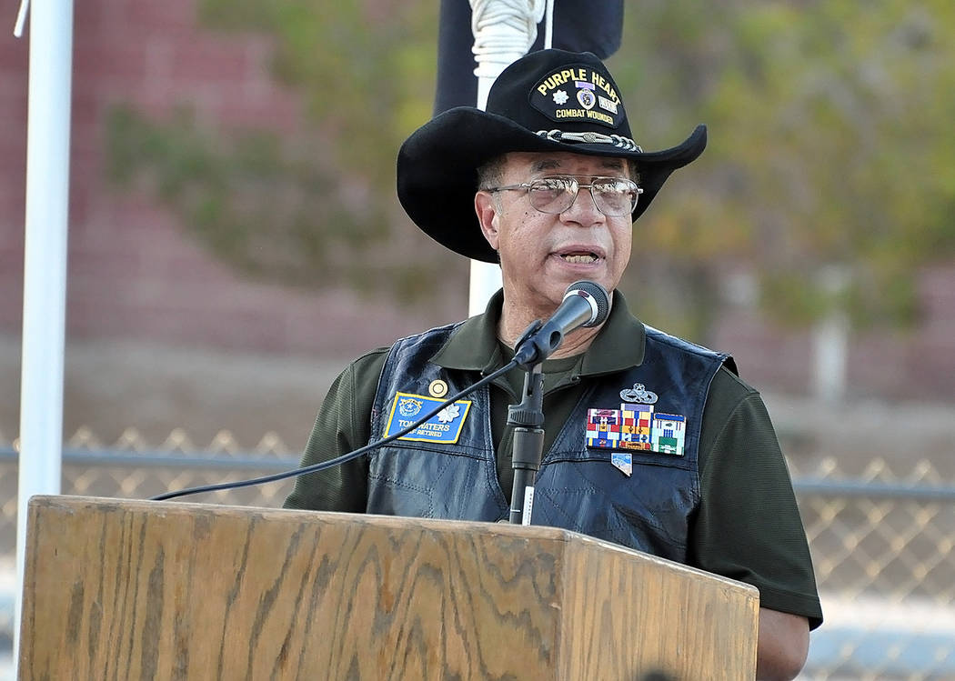 Horace Langford Jr./Pahrump Valley Times
Air Force Veteran Dr. Tom Waters addresses attendees during the first offical Purple Heart Day in Nye County on Monday Aug 7. County commissioners recently ...