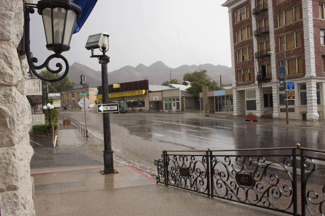 Jeffrey Meehan/Pahrump Valley Times
Flood waters build up on U.S. Highway 95 in Tonopah in front of the Mizpah Hotel on Aug. 4.