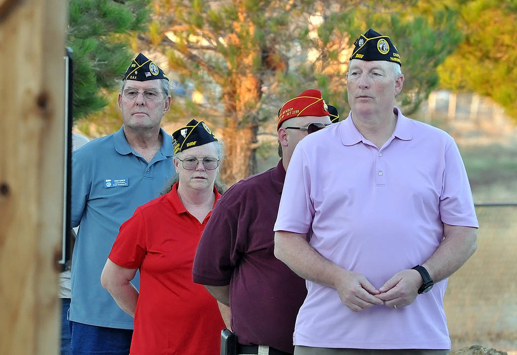 Horace Langford Jr./Pahrump Valley Times
Local retired veterans observe Monday's Purple Heart Proclamation ceremony on Monday Aug 7 at the Veterans Section of Chief Tecopa Cemetery.