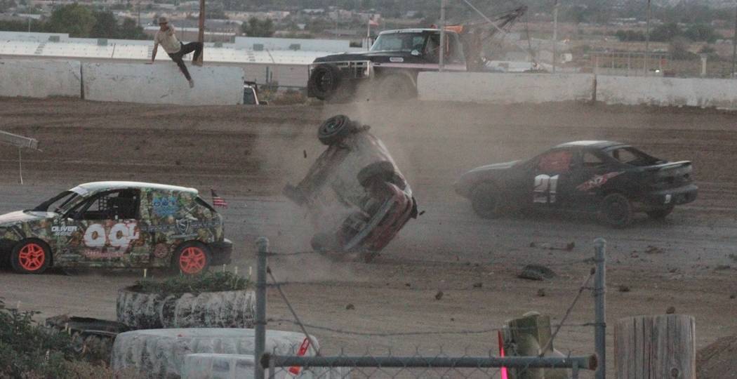 Alan Wertsbaugh/Special to the Pahrump Valley Times
James Horton collides with Haylee Little and rolls three times. This was only his second time on the track. He was able to walk away from the cr ...