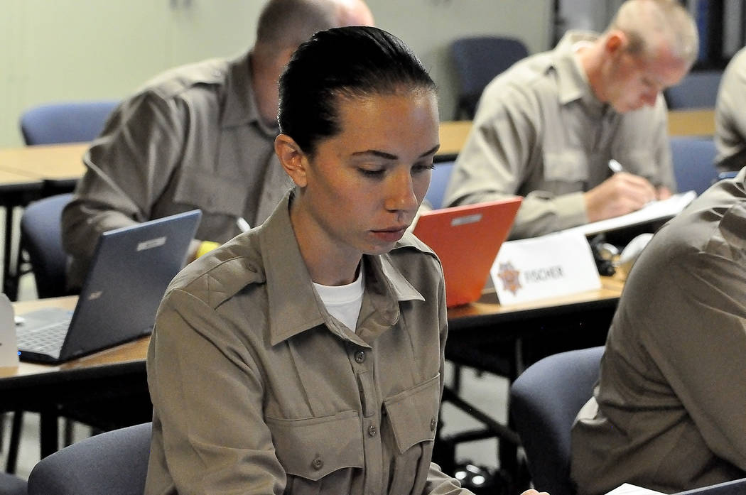 Horace Langford Jr./Pahrump Valley Times 
Nye County Sheriff’s Office Regional Training Academy recruit Brooke Gentry listens to the Constitutional law class. The academy started on Aug.7 and wi ...