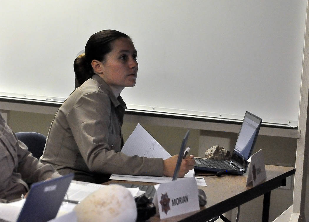 Horace Langford Jr./Pahrump Valley Times 
Breanna Rosas, a recruit of the Nye County Sheriff's Office Regional Training Academy, makes notes during the constitutional law class. Rosas is one of tw ...