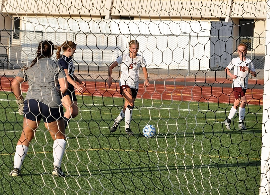 Horace Langford Jr./Pahrump Valley Times - Senior Sydney Dennis just before she scores a goal against Somerset-Sky Pointe in the first half. Dennis had two goals and an assist in the game.