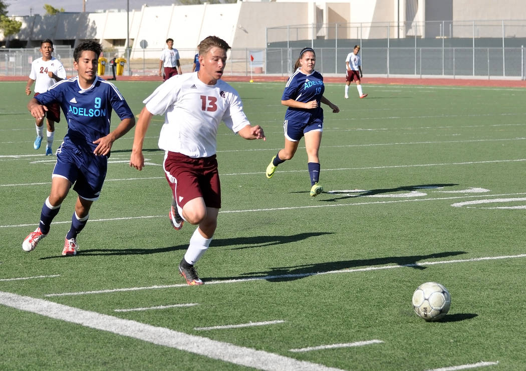 Horace Langford Jr. / Pahrump Valley Times - PVHS Boys Soccer vs Adelson, #13 Bailey Crawford.