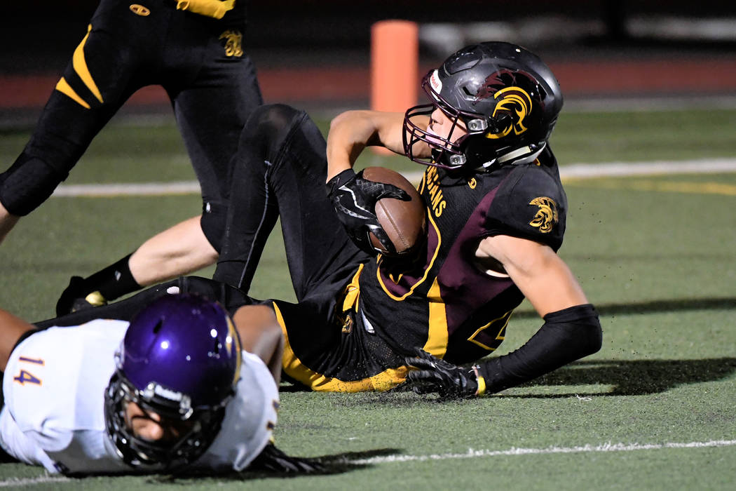 Peter Davis /Special to the Pahrump Valley Times
Senior Cory Bergan comes down with a big touchdown after catching a Dylan Coffman pass for six on Friday against Durango.