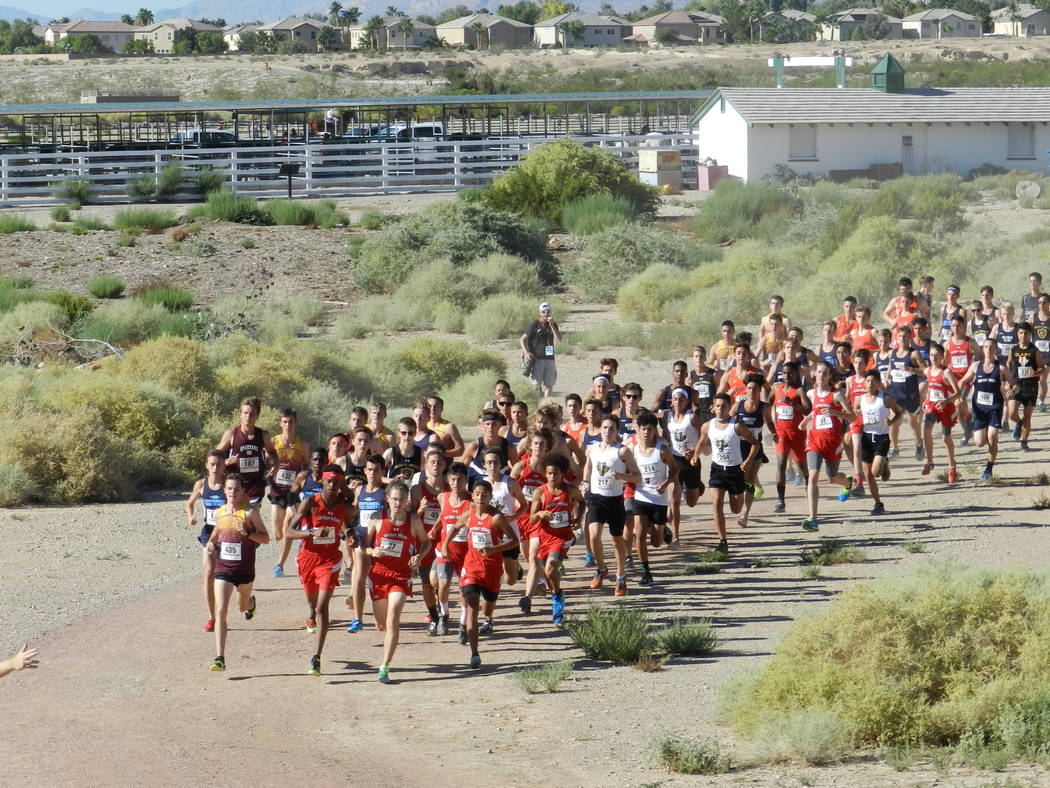 Special to the Pahrump Valley Times
At the head of the large pack is senior Bryce Odegard, far left. Odegard posted the fastest time for the boys at 15:36 for the 3-mile course at the Red Rock Inv ...