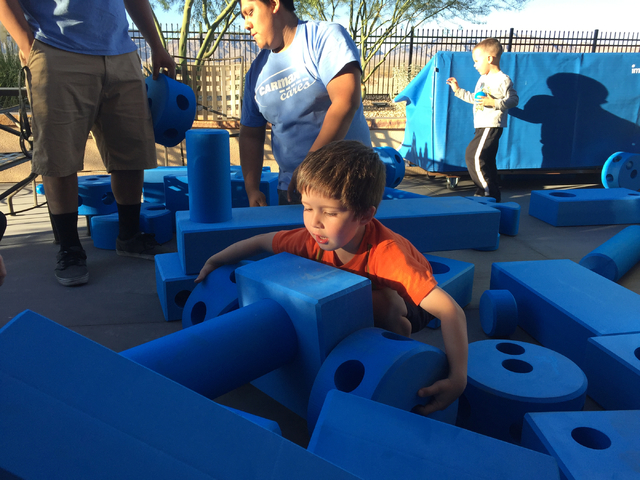 Keith Rogers/Las Vegas Review-Journal
Zachary York, 4, plays with some of the blue foam toys Thursday, Oct. 20, 2016, that are part of the new Imagination Playground at the Veterans Affairs Southe ...