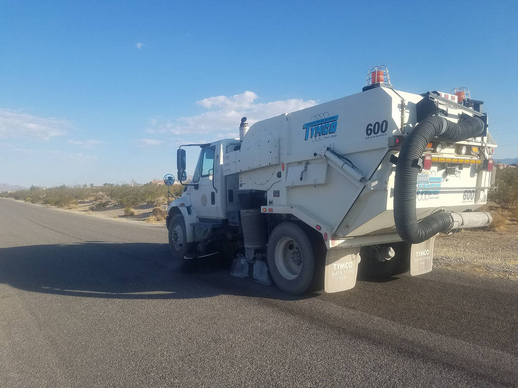 David Jacobs/Pahrump Valley Times
A street sweeping truck works along Cortina Street, east of Highway 160 in Pahrump, earlier this month.