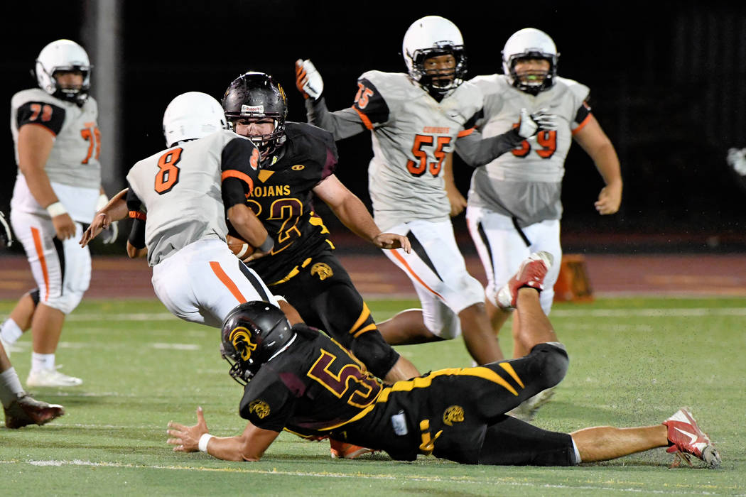 Peter Davis/Special to the Pahrump Valley Times
Jeremy Albertson gets a sack against Chaparral last year. He had at least one against Durango last week. Expect Albertson to come alive this game.