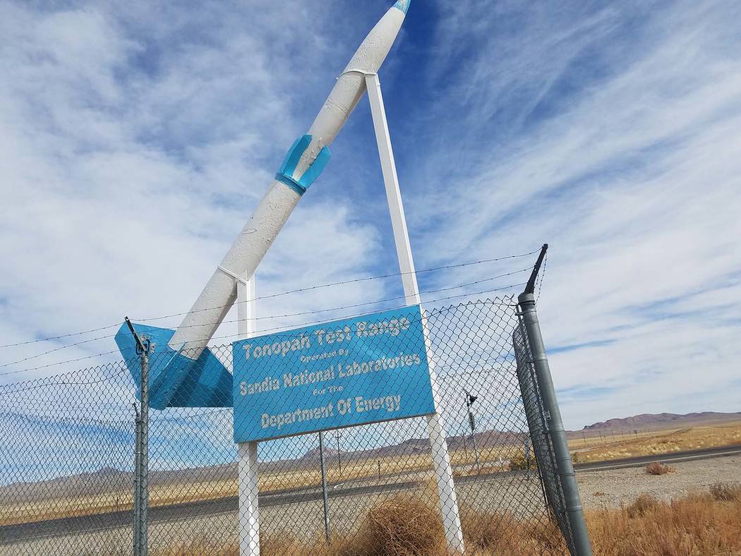 David Jacobs/Pahrump Valley Times
A photo taken near U.S. Highway 6 shows a marker for the Tonopah Test Range. Tiffany Lantow, from the U.S. Department of Energy, gave the presentation on the proj ...
