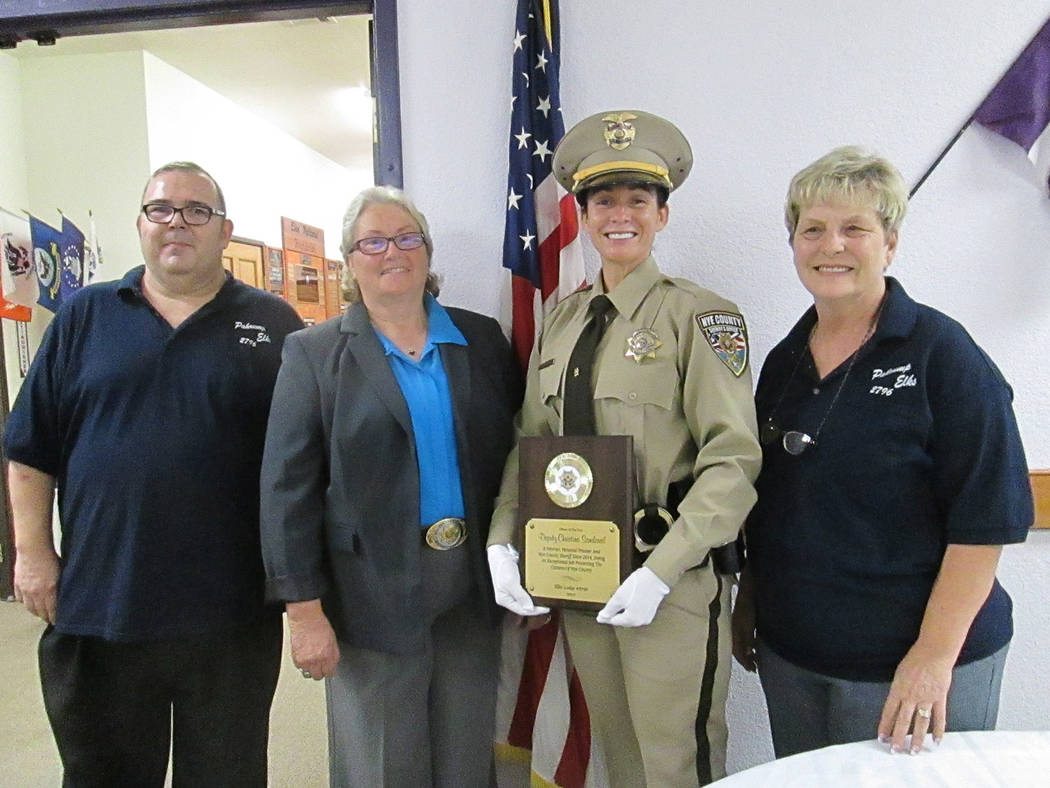 Special to the Pahrump Valley Times 

Sheriff Sharon Wehrly presented Deputy Christina Sandoval with the sheriff's office Officer of the Year award at an event Aug. 19 at the Elks Lodge in Pahrump ...