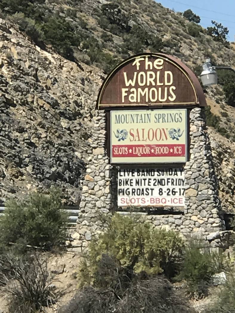 Jeffrey Meehan/Pahrump Valley Times
Sign for the Mountain Springs Saloon at 19050 Nevada Highway 160 in Mountain Springs. The establishment offers a monthly barbecue from April to October, with th ...