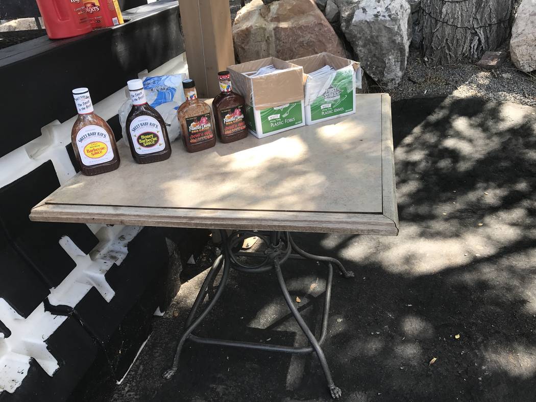 Jeffrey Meehan/Pahrump Valley Times
The condiment table for event goers at the monthly Pig Roast in Mountain Springs on Aug. 26, 2017. Motorcyclists and motorists can stop in for a quick bite each ...