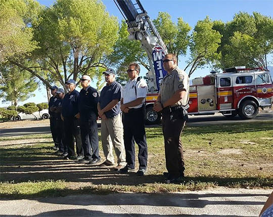 Horace Langford Jr./Pahrump Valley Times 
Pahrump and Nye County first responders took part in the unveiling of a Sept. 11 Reflection Area at the Calvada Eye in 2016. A 2017 9/11 ceremony is sched ...