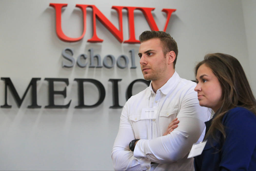 Brett Le Blanc/Las Vegas Review-Journal 
In a photo taken earlier this year, Vladislav Zhitny, left, and Monica Arebalos, talk about what made them choose to attend the UNLV School of Medicine. It ...