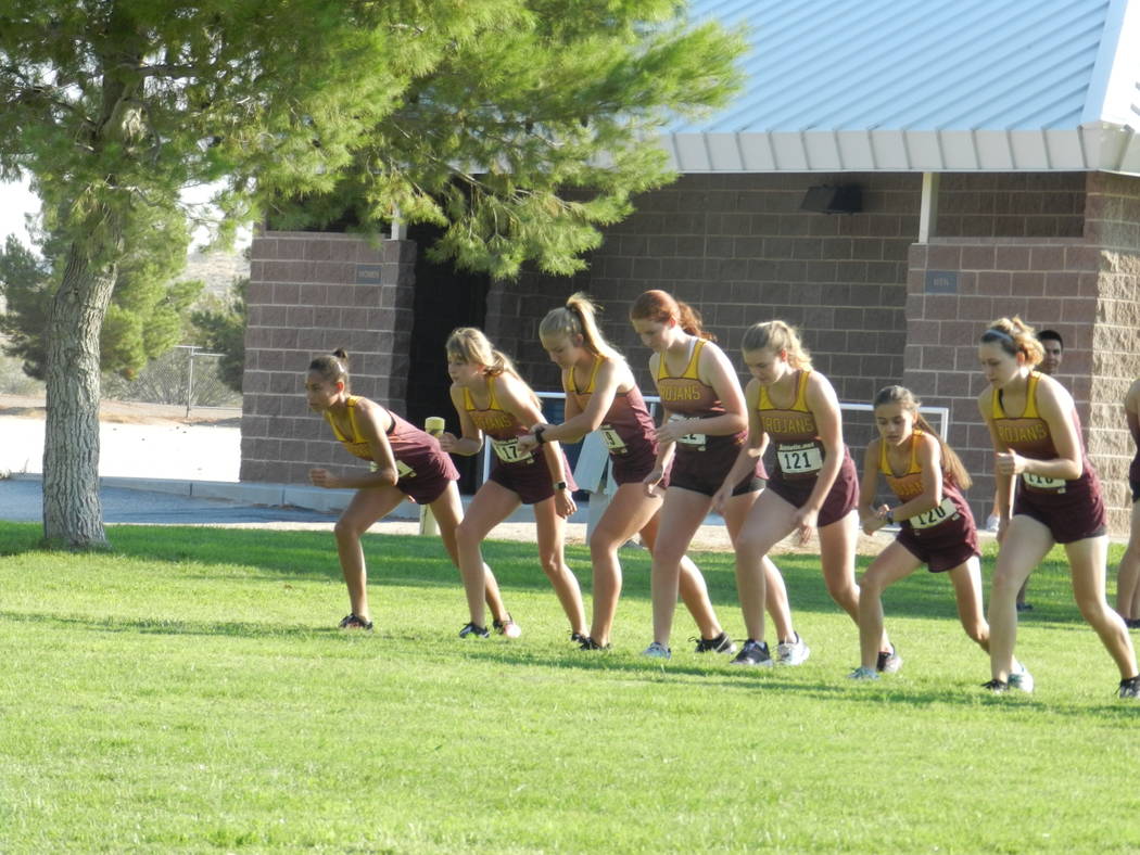 Special to the Pahrump Valley Times

Pahrump Valley’s girls cross-country team lines up at the start of the Moapa Valley Invitational last weekend. The girls took second place.
