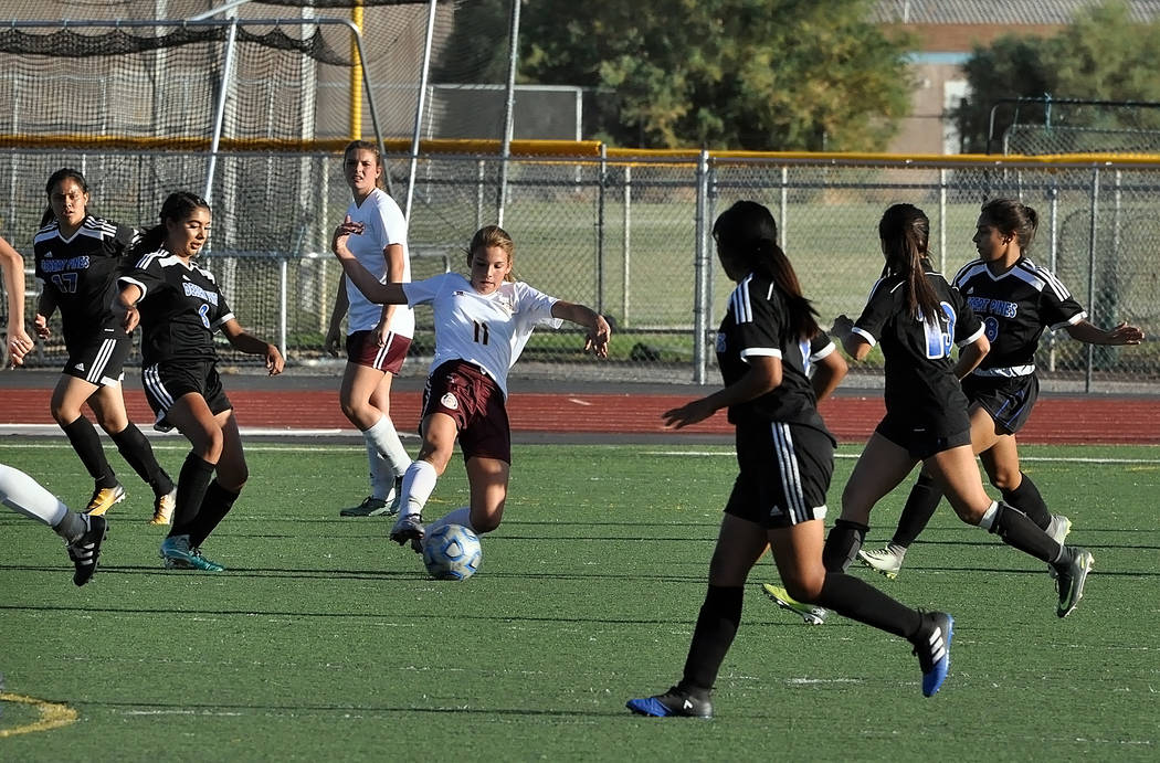 Horace Langford Jr./Pahrump Valley Times

Freshman midfielder Madelyn Souza takes the ball downfield against the Jaguars on Tuesday.