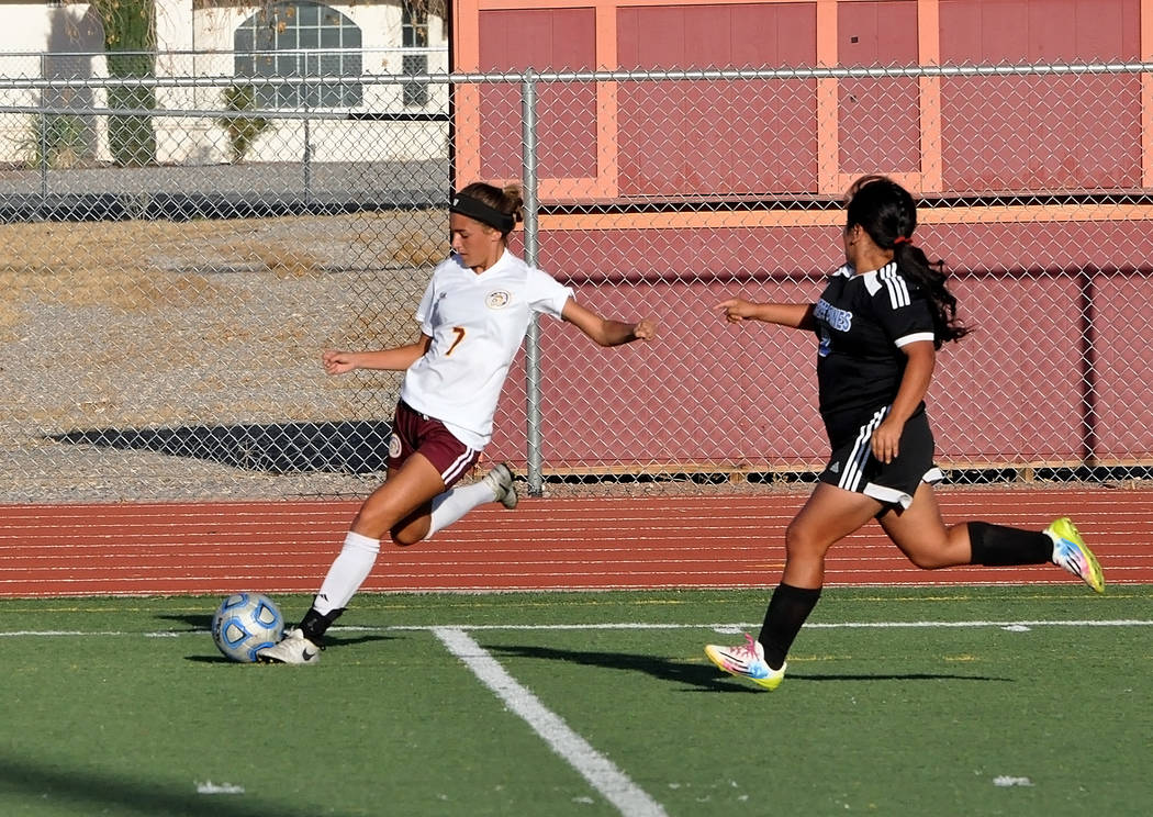 Horace Langford Jr./Pahrump Valley Times

Vaniah Vitto gets off a good pass against Desert Pines. The Jaguars only had one shot on goal against Pahrump.