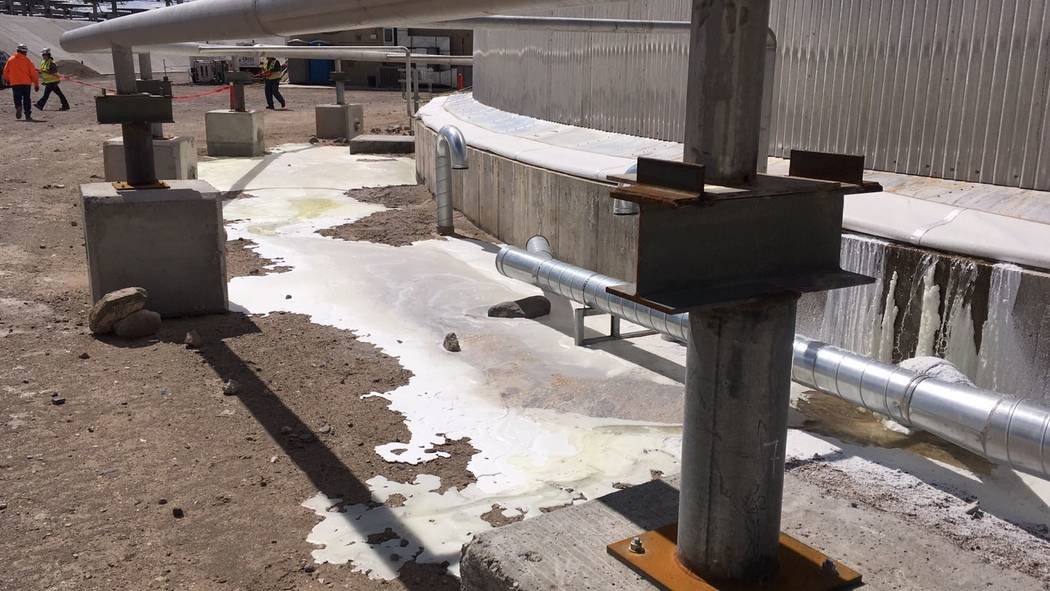 Special to the Pahrump Valley Times
Photo taken by Timothy Stiver on April 13 shows salt oozing out of hot salt tank at the Crescent Dunes Solar Energy Plant. On Sept. 22, Joseph Long, plant manag ...