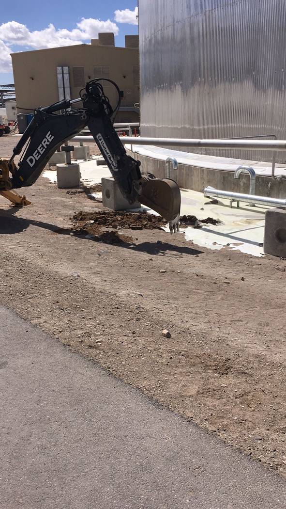 Special to the Pahrump Valley Times
The April 13 photo taken by Timothy Stiver shows a machinery cleaning up a salt spill near hot salt tank at Crescent Dunes Solar Energy Project near Tonopah. St ...