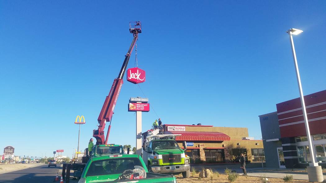 David Jacobs/Pahrump Valley Times

Crews on Sept. 22 put sign into place at new Jack in the Box restaurant that's set to open in Pahrump. The restaurant could be open as early as Thursday.