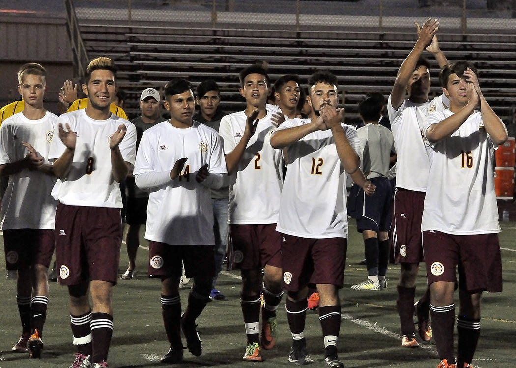 Horace Langford Jr./Pahrump Valley Times 
Trojans boys soccer team celebrates their first league win against Cheyenne on Monday. The team is taking a new attitude to Adelson today. Game time is 4 p.m.